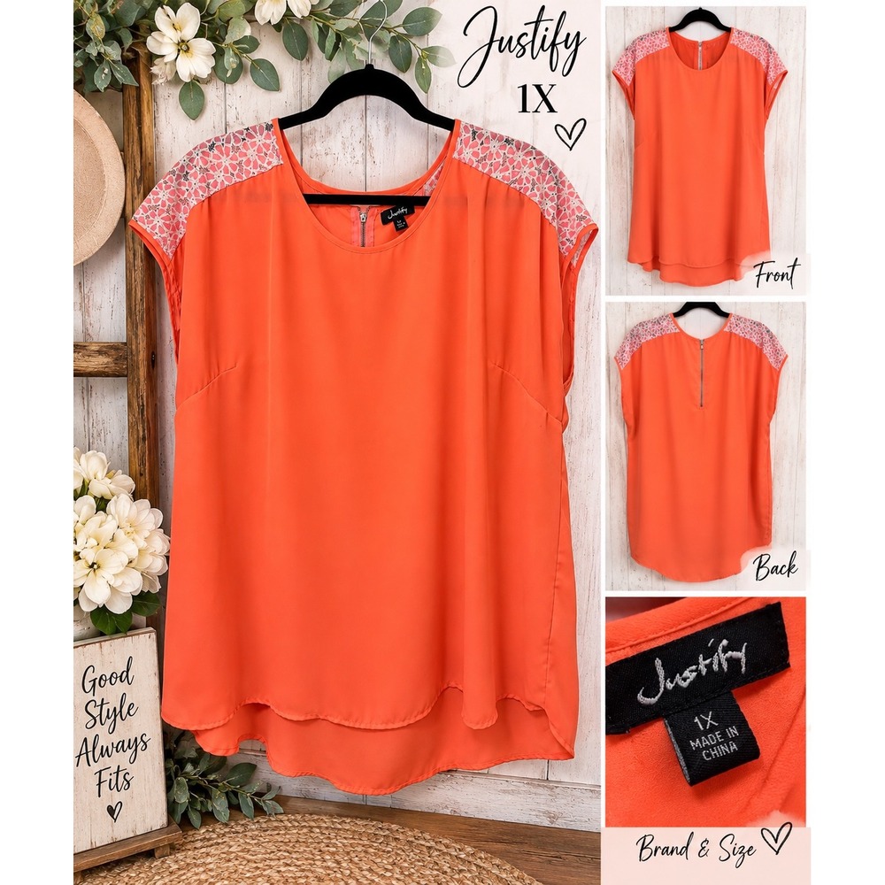 Justify Womens 1X Orange Lace Shoulder Blouse Back Zip High Low Hem Top